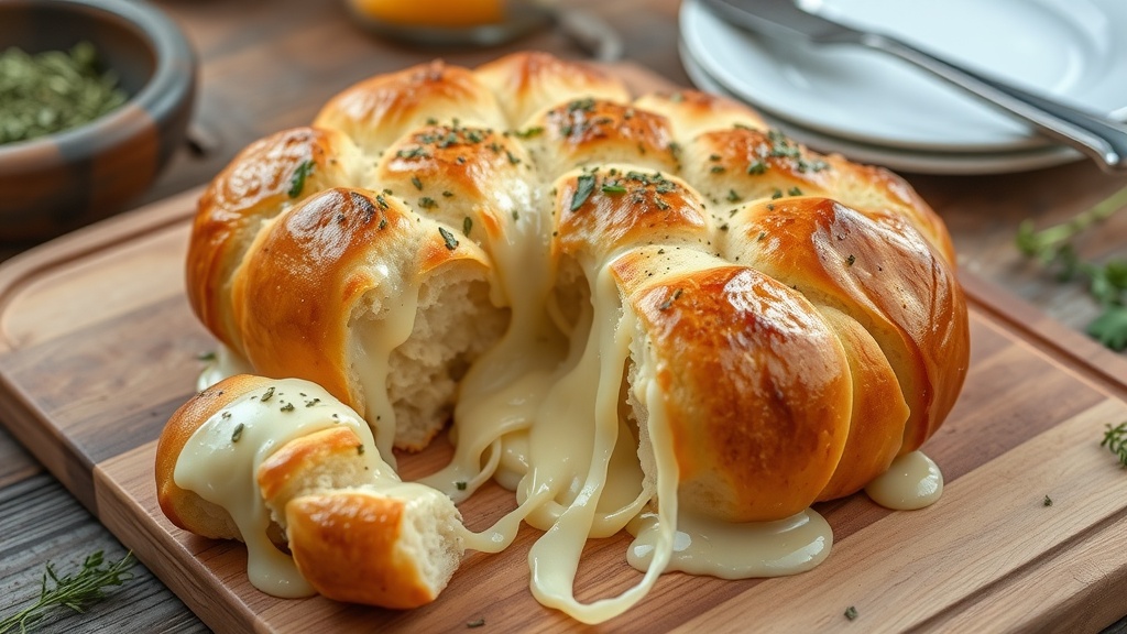Cheesy Herb Pull-Apart Bread Golden pull-apart bread filled with melted cheese and herbs, set on a wooden board.